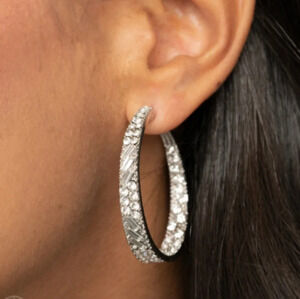 New Chunky Silver Sparkling Rhinestone Hoop Earrings